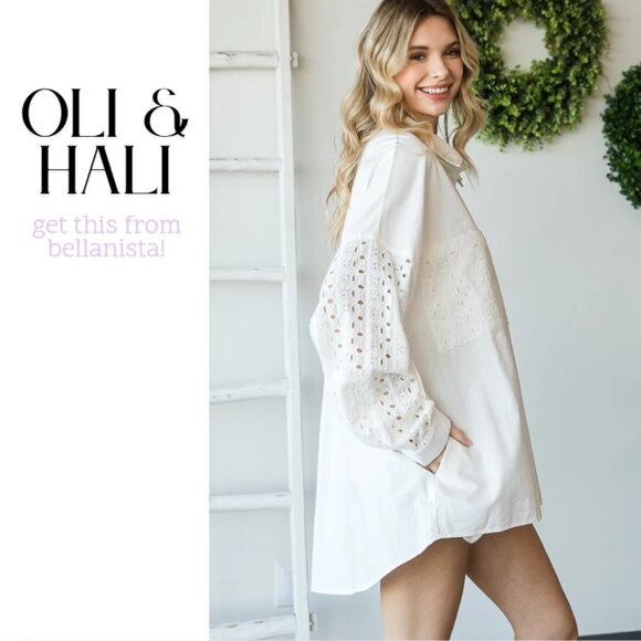1753 OLI & HALI Off White Eyelet Sleeve Button Up Shirt - Picture 4 of 6